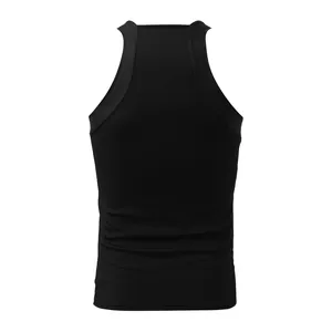 Rear view of black ribbed slim-fit men's tank top with racerback design
