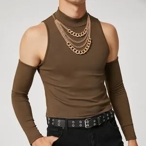 Men's sexy mock neck cold shoulder top featuring tiered gold chain necklace design