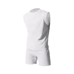Detailed front perspective of a pure white sleeveless sports two-piece set for men