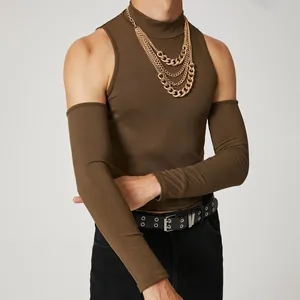 Close-up of men's brown ribbed mock neck top with stylish shoulder cut-out details.