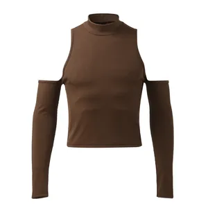 Close-up of a men's brown ribbed mock neck t-shirt featuring stylish shoulder cutout detail