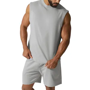 Men's light grey summer sleeveless sports set including a tank top and casual shorts.