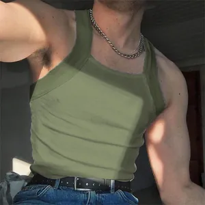 Close-up of a men's olive green tight-fitting ribbed tank top with a square neckline
