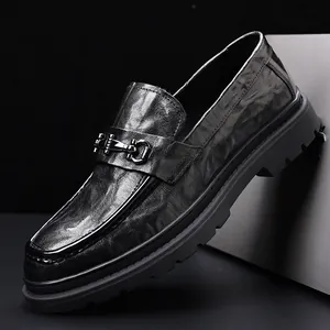 Premium black leather loafers for men with thick chunky soles and horsebit buckle