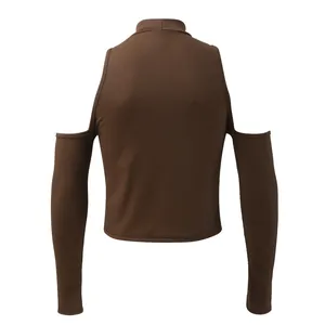 Detailed back view of the brown ribbed turtleneck top featuring stylish cold shoulders