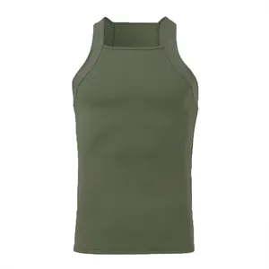 Detailed view of the ribbed fabric and square neckline on the men's army green tank top.