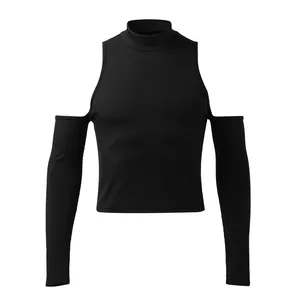Detail view of men's black cold-shoulder long-sleeve ribbed turtleneck fashion top