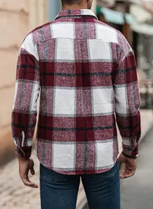 Detailed back view of a men's burgundy and white plaid flannel long sleeve shirt