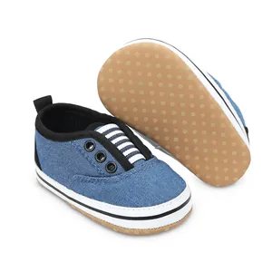 Detailed view of blue denim baby walking shoes with anti-slip dotted rubber sole