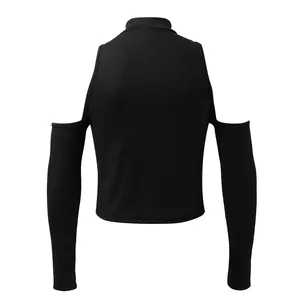 Back view detail of men's black cold shoulder high neck long sleeve ribbed shirt