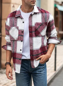 Close-up of a men's red and white plaid flannel button-down shirt with a loose fit.