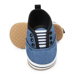 Blue denim baby pre-walker shoes featuring anti-slip soft soles and striped detail design
