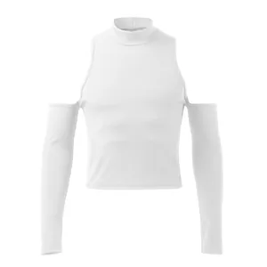 Close-up of white ribbed men's long-sleeve top with mock neck and cold shoulder cut-outs