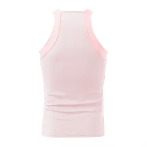 Back view of pink men's ribbed tight tank top, comfortable sleeveless base shirt