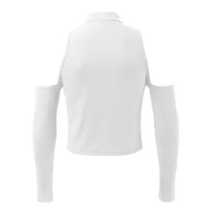 Back view of a white cold shoulder mock neck ribbed long sleeve slim fit T-shirt for men.