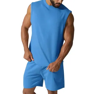 Men's blue sleeveless summer sports suit with matching casual shorts and tank top