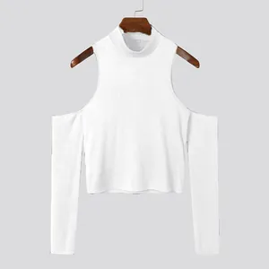 Detailed view of men's white ribbed high neck t-shirt with sexy cold shoulder cutout