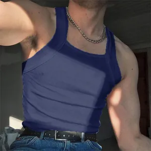 Detail shot of men's slim fit ribbed tank top with square neck in navy blue solid color