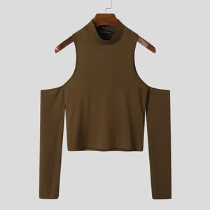 Detail view of men's brown ribbed mock neck T-shirt with cold shoulder design