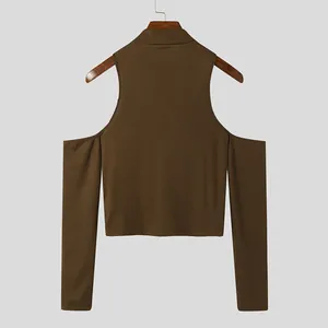 Back view of brown men's long sleeve cold shoulder high neck ribbed T-shirt