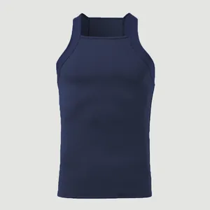 Close-up of navy blue men's tight tank top with square neck and ribbed texture