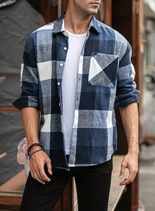 Close-up detail of a premium navy and white plaid flannel shirt for men in street style