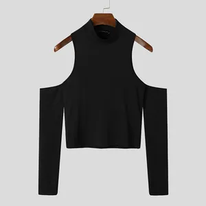 Men's stylish black mock neck cold shoulder long sleeve rib-knit slim fit T-shirt