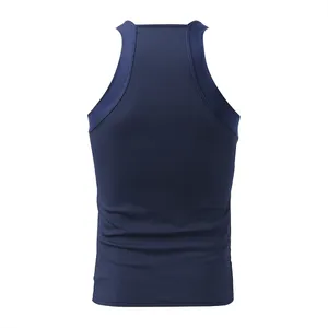 Detailed back view of a men's navy blue slim fit ribbed tank top with wide straps