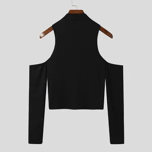 Detail of men's black high-neck long sleeve T-shirt with cold shoulder cut-outs.