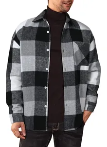 Detail of men's long-sleeve plaid flannel shirt with lapel and breast pocket
