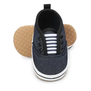 Detail view of navy blue baby walking shoes with non-slip dotted sole for infants
