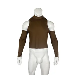 Detailed view of men's brown mock neck top with matching detached long arm sleeves.
