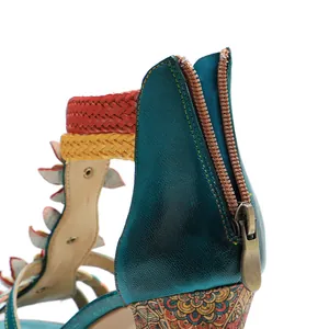 Detailed macro view of vintage leather high heel sandal with back zipper and weaving