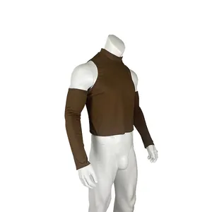 Side view of a men's brown high-neck sleeveless crop top with detached ribbed sleeves