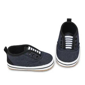 Navy blue canvas baby walking shoes with soft rubber soles for infants 0-1 year old