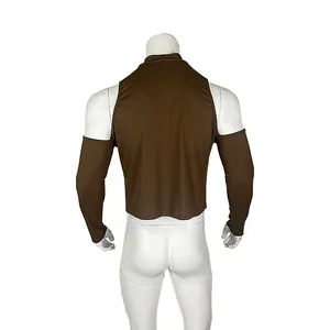 Rear view of a men's brown cold-shoulder high-neck slim fit knit long-sleeve top