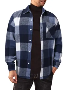 Detail view of a men's blue and white plaid flannel shirt with a single chest pocket.