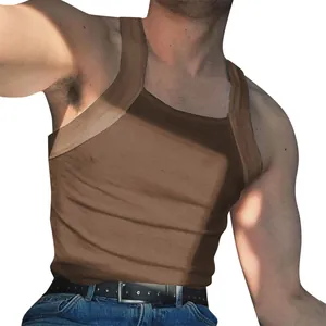 Close-up of men's brown ribbed square-neck compression tank top for muscle shaping.