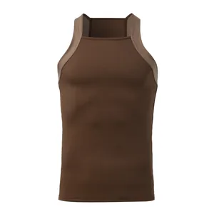 Men's slim-fit ribbed tank top in dark brown with square neck and broad straps.