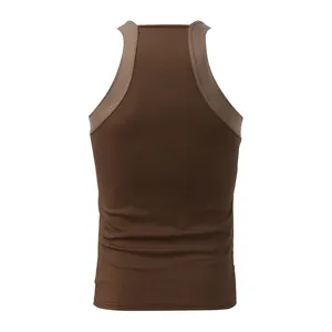 Detailed back view of a men's stylish slim fit ribbed tank top in solid brown color