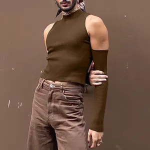 Men's stylish brown ribbed mock neck sleeveless top with matching detached arm sleeve