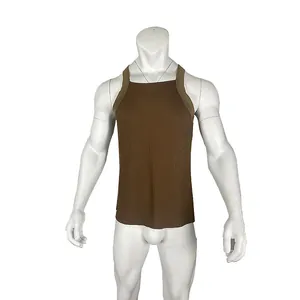 Macro view of men's brown ribbed slim-fit tank top with stylish contrast straps