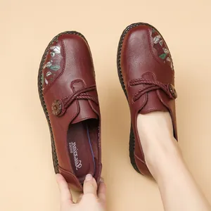 Elegant maroon floral loafers with soft non-slip rubber soles for middle-aged women