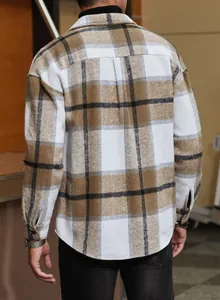 Back view of a men's loose-fit long-sleeve plaid flannel shirt in beige and white.
