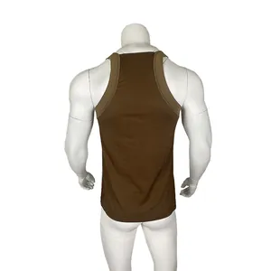 Back view of a men's brown tight-fitting sleeveless tank top shown on a white mannequin