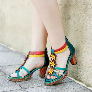 Vintage Women Genuine Leather High Heel Sandals Bohemian Floral Woven Straps Ethnic Printed Chunky Heel Dress Shoes