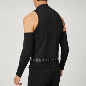 Men's stylish black cold-shoulder long sleeve mock neck ribbed t-shirt back view