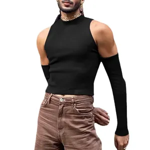 Men's stylish black high neck ribbed top with separate long sleeves and cold shoulder design
