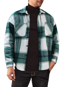 Detail of green and white plaid flannel shirt for men featuring a classic turnover collar