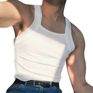 White ribbed square neck men's slim fit tank top, stylish sleeveless body shaper
